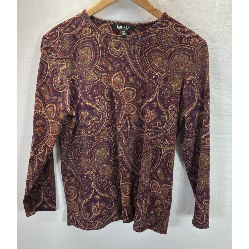 Lauren Ralph Lauren Top Womens 1X Paisley Cotton Crewneck Long Sleeve Maroon